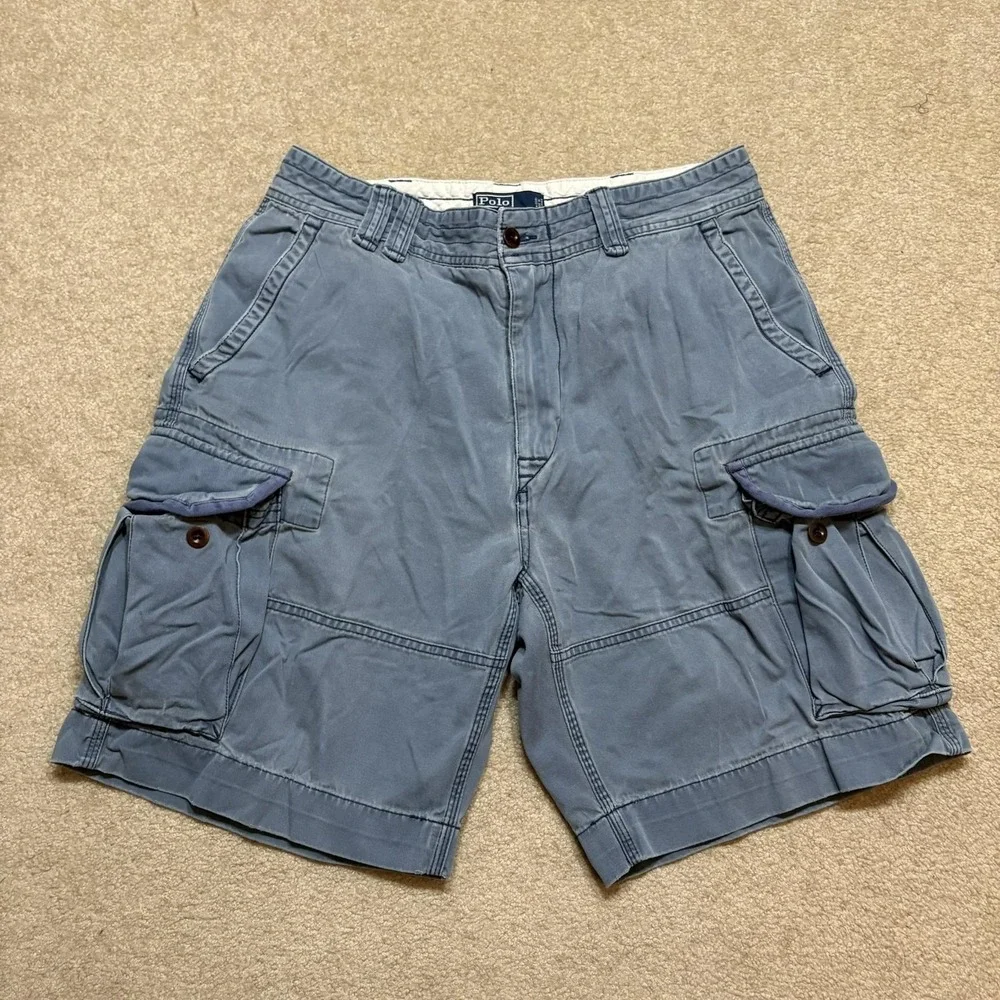Vtg Polo Ralph Lauren Shorts Mens 32x10 Blue‎ Cargo Chino Casual Utility Baggy